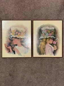 1960's A. Gruerio Girl With Butterfly Girl With Flower Hard Board Wall Art - Picture 1 of 17
