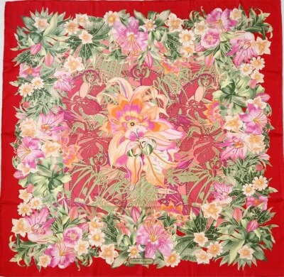 SALVATORE FERRAGAMO rojo GINKOS flores capuchino monos bufanda de seda nueva en caja auténtica Foto 1 de 4