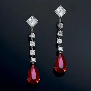 Lab Burma Ruby Dangle Drop Earrings 925 Sterling Silver CZ Dimaond High Jewelry - Picture 1 of 6