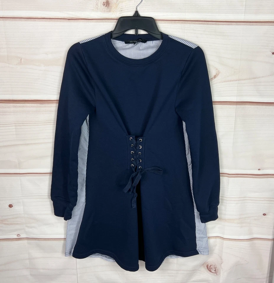 Vestido Walter Baker para mujer XS azul camisa manga larga cuello redondo cordones a rayas lisas Foto 1 de 4