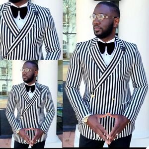 White Black Striped Wedding Tuxedo Double Breasted Jacket Business Party Blazer