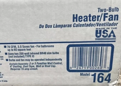BROAN-NUTONE 164 TWO-BULB HEATER/FAN UL LISTED NEW FREE SHIPPING - Image 1 of 3