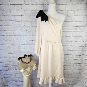 Neu mit Etikett J. Crew Größe 12 elfenbeinfarben One-Shoulder-Kleid schwarz Schleife Rüschensaum #H2439 UVP 188 $ - Bild 1 von 13