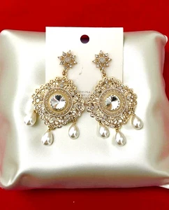 3.5" Long Gold Tone Faux Pearl Simulated Opal Clear Crystal Chandelier Earrings - Picture 1 of 3
