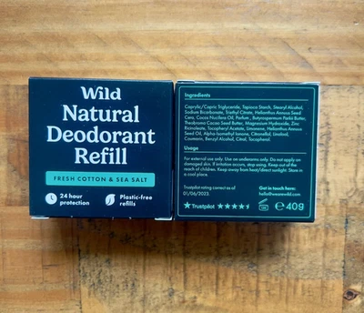 2x Wild Natural 24h Deodorant Refills. Fresh Cotton & Sea Salt. Plastic Free.NEW