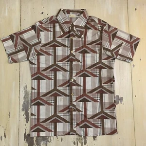 KINGS ROAD - SEARS MENS STORE Vtg 60s-70s Brown Geometric Button-up Shirt, LARGE - Picture 1 of 15