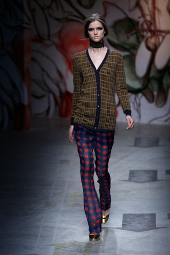 Pantaloni Prada Vintage Archivio Primavera 2008 Fata Blu Rosso Ondulato Plaid Seta 36S