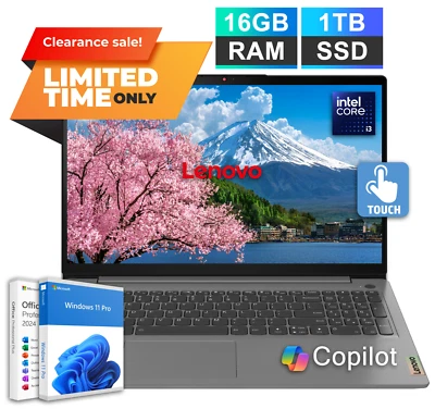 New Lenovo Ideapad 3 Laptop 15.6" FHD Touch Intel i3 16GB RAM 1TB SSD Office2024 - Image 1 of 4
