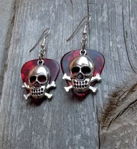 Skull and Crossbones Charm Guitar Pick Earrings with Surgical Steel Earwires - Picture 1 of 13