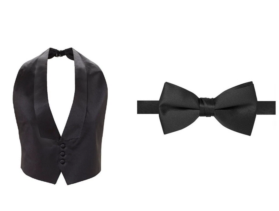 New Men's S M L XL Black Satin Tuxedo Vest Bow tie low cut Open back adj. Mason - Image 1 of 1