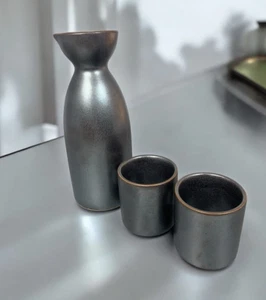 Sake Japanese Miya Sake Pitcher Glazed Ceramic & Cups Japan Qty 3 - Picture 1 of 14