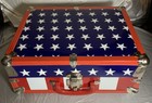 Vintage Mid-Century American Small Red White and Blue Flag Motif Metal Suitcase