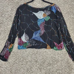 Vtg Heavy Beaded Evening Blouse Black Chiffon Long Sleeve Multicolor Beadwork ** - Picture 1 of 14