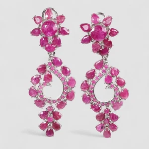 DAZZLING PINKISH RED RUBY 925 STERLING SILVER WHITE GOLD PLATED FLORAL EARRINGS - Picture 1 of 9