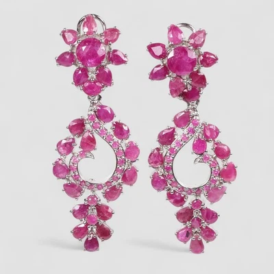DAZZLING PINKISH RED RUBY 925 STERLING SILVER WHITE GOLD PLATED FLORAL EARRINGS - Image 1 of 4