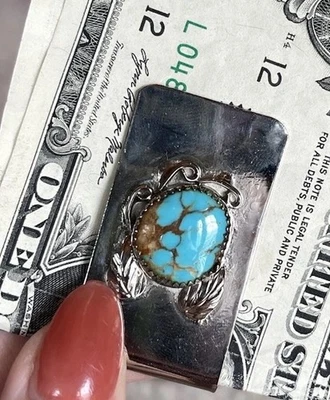 VTG NAVAJO Native American TURQUOISE Cabachon Money Clip Southwestern Signed? - Image 1 of 4