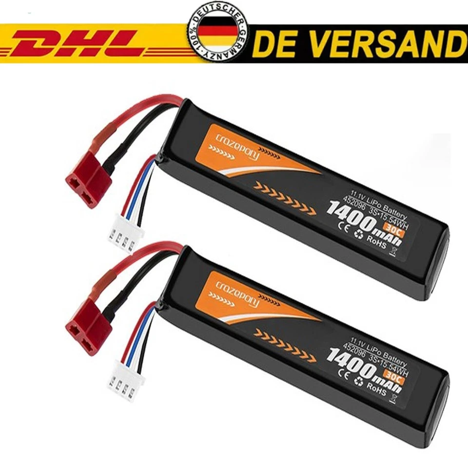 2 Stk 11,1V 2000mAh 30C LiPo Batterie Mini Tamiya Stecker für Airsoft RC Modell - Bild 1 von 4