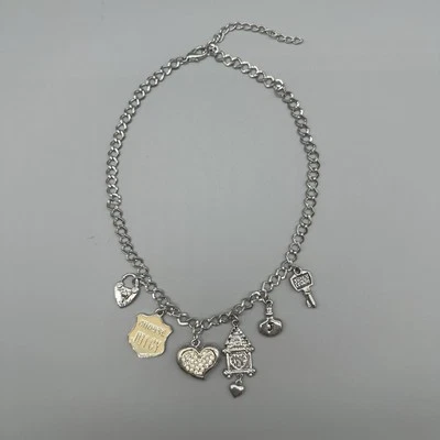 Juicy Couture Charm Necklace 5 Charms Heart Clock Padlock Silvertone Crystals - Image 1 of 4