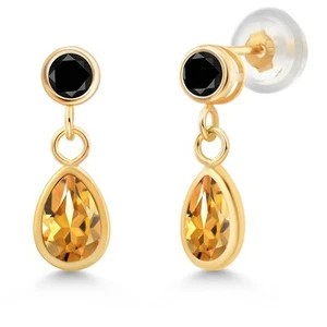 14K Yellow Gold Citrine and Black Diamond Dangle Earrings For Women (0.86 Cttw, - Picture 1 of 4