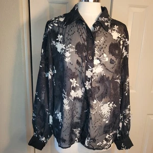 Sheer Black Button Up Blouse Long Sleeve Size Large Floral - Picture 1 of 11