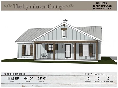 1,112 SQ FT Cabin, 44'-0" X 25'-0", Floor Plans, Architectural Plans, House Plan - Image 1 of 4