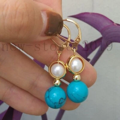 Beautiful Design Natural Real Turquoise&Akoya 7-8mm White Pearl Earrings 14kGP - Image 1 of 4