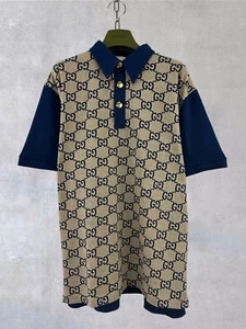 Gucci Maxi GG Jacquard Monogram Cotton Polo Shirt Beige x Blue Size L - Picture 1 of 14