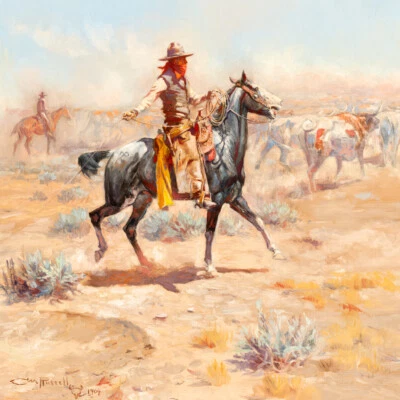 Impressão artística giclée ocidental Through the Alkali por Charles M Russell + frete grátis - Imagem 1 de 4