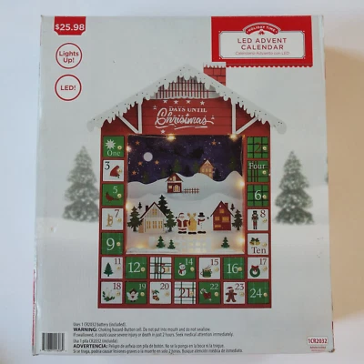 LED Holiday Time Wooden Advent Calendar Christmas Lights Up House Red Green - Image 1 of 4