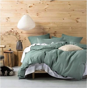 Eikei Washed Cotton Chambray Duvet Cover Solid Color Casual Modern King, Pine - Picture 1 of 4