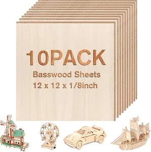 Basswood Sheets 10 Pack 12x12x1/8 Inch Thin Plywood Unfinished Wood Boards - Picture 1 of 7