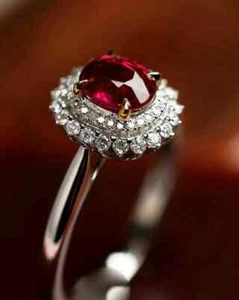 3Ct Oval Cut Lab Created Red Ruby Halo Engagement Ring In 14K White Gold Plated - Picture 1 of 5