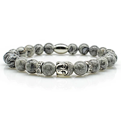 Jaspis Armband Bracelet Perlenarmband Buddhakopf silber grau 8mm Edelstahl  - Bild 1 von 2