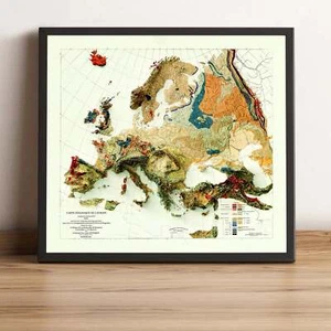 Europe Map, Europe 2D Relief Map, Europe Vintage Map - 2D Flat Print - Picture 1 of 8