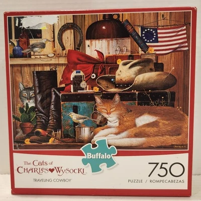 Cats of Charles Wysocki Traveling Cowboy 750 шт. головоломка игры Buffalo б/у в упаковке - Изображение 1 из 4