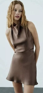 Zara Brown Satin Halter Neck Open Back Mini Dress Medium Bnwt B78 - Picture 1 of 7