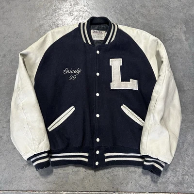 Chaqueta Universitaria DeLong Vintage Años 90 Cuero y Lana Talla XL Hecha en EE. UU. Azul Marino Blanco Foto 1 de 4
