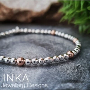 925 Sterling Silver beaded Stacking Bracelet with Rose Gold filled beads INKA - Picture 1 of 7