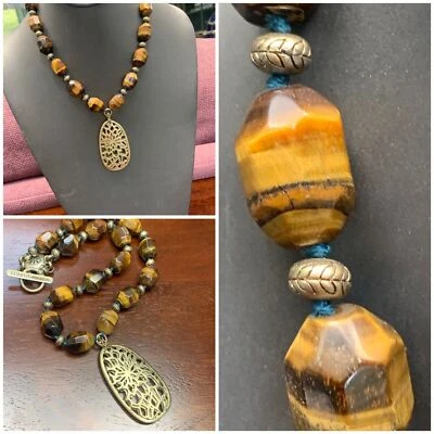 "Collar de colección grueso Sigrid Olsen ojo de tigre piedras preciosas tono dorado colgante 18""" Foto 1 de 4