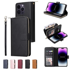 For iPhone 16 Pro Max 15 14 13 12 11 SE 7 8 XR Leather Zip Flip Card Wallet Case - Picture 1 of 17