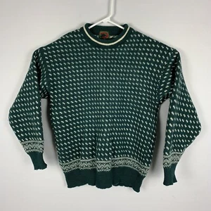 VTG BOSTON TRADER Mens M Long Sleeves Green White Print Tee Pure Wool Sweater - Picture 1 of 5