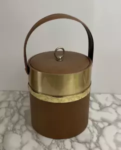 Vintage Gold Tone Brown Faux Leather Mid Century Modern Insulated Ice Bucket - Picture 1 of 12