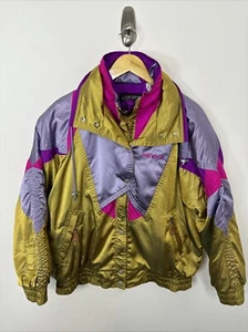 Vintage 80s Nevica Woman 10 Ski Jacket Neon Gold Loud Colorful Winter Coat Ski - Picture 1 of 9