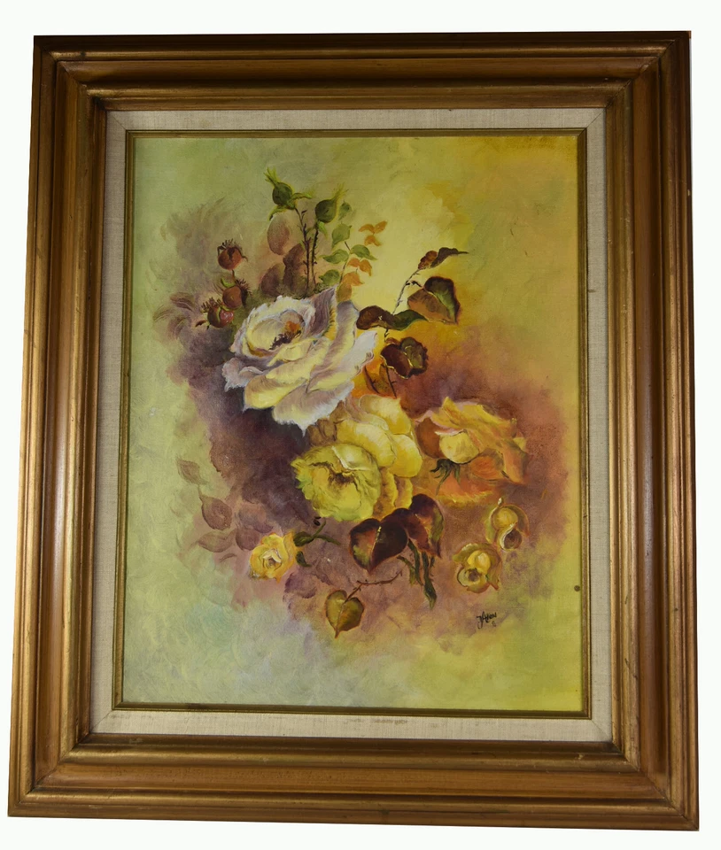 27 1/2" pintura a óleo sobre tela assinada por D. Allen natureza morta rosas amarelas brancas - Imagem 1 de 4