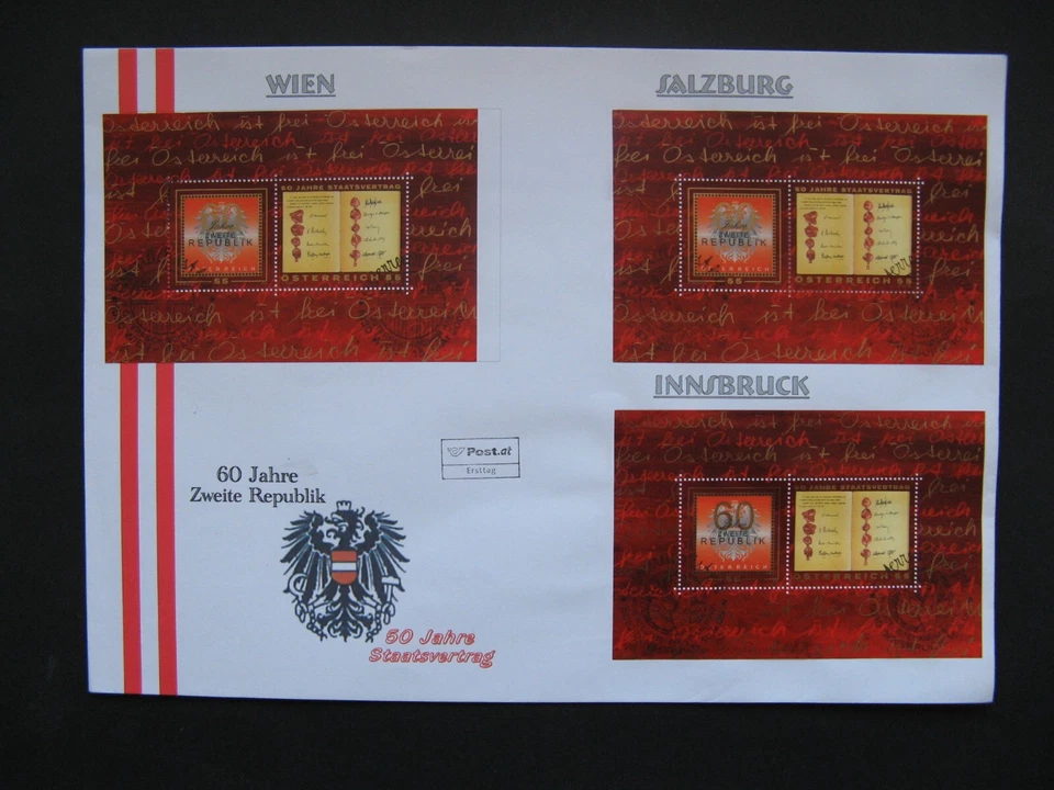 AUSTRIA, cover FDC 2005, 3x S/S 60th ann. 2nd Republic, 3 diff. cities canc. - Image 1 of 1