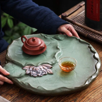 New Handmade Carved Lotus Reservoir Tea Tray Pottery Heavy Tea Table For Tea Set - Image 1 of 4