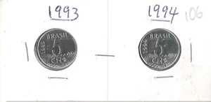 Brazil 2 Coins 5 Cruzeiros Reais Araras 1993/1994 Fauna -KM# 627 - eb106 - Picture 1 of 4
