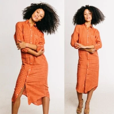 Vestido midi de novia EMILY PHILLIPS 100 % lino a cuadros rosa/caqui talla 2 (US 2/4) Foto 1 de 4