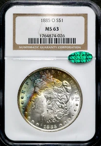 1885-O $1 Morgan Silver Dollar NGC MS 63 CAC Iridescent Rainbow Toning CC594 - Picture 1 of 8