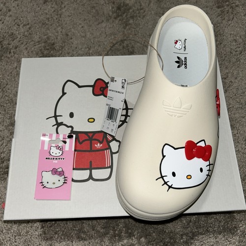 NUOVE Adidas ADIFOM STAN SMITH HELLO KITTY MULES bianche da donna taglia 10 e SPILLA HK